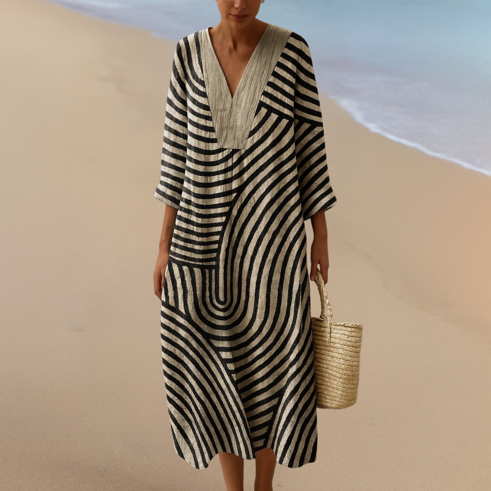 SOFIE | Monochromatyczna maxi sukienka z geometrycznym wzorem – Elegancki krój w czerni i beżu