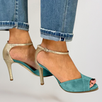 LIV | BLIZGANTYS PEEP-TOE Z WYSOKIM OBCASIEM, PASEK I ZAPIĘCIE